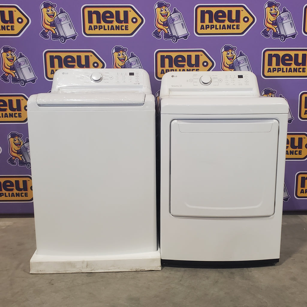 LG White Top Load 4.5 Cu. Ft. Washer with NeveRust Drum and TurboDrum Technology WT7000CW - New in Box and LG 7.3 cu. ft. Ultra Large High Efficiency Electric Dryer in White 16067 - DLE7000W - Scratch & Dent (Minor)