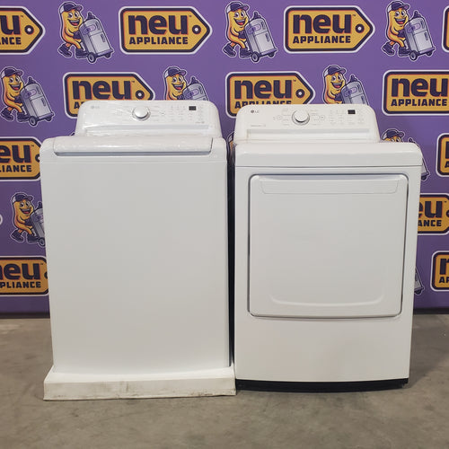LG White Top Load 4.5 Cu. Ft. Washer with NeveRust Drum and TurboDrum Technology WT7000CW - New in Box and LG 7.3 cu. ft. Ultra Large High Efficiency Electric Dryer in White 16067 - DLE7000W - Scratch & Dent (Minor)