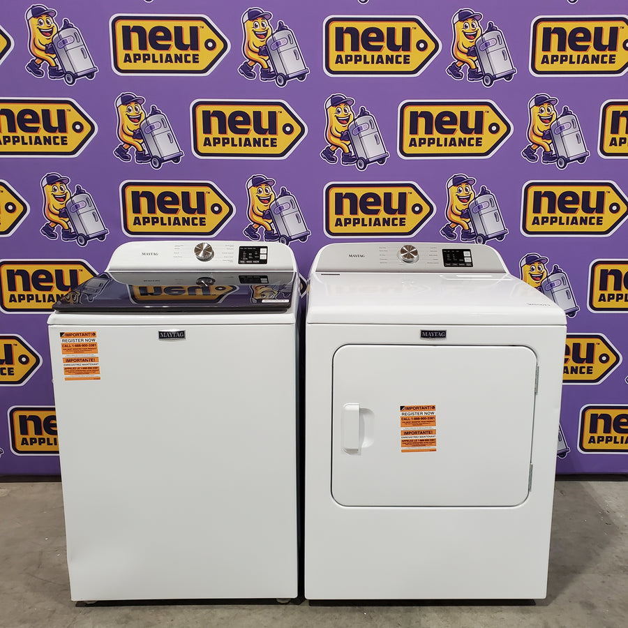 Maytag Top Load 4.8 cu ft Washer with Deep Fill and Slow-Close Glass Lid MVW6200KW - Scratch & Dent (Minor) and Maytag 7.0 cu ft Electric Dryer with Moisture Sensing and Quick Dry Cycle 16158 - MED6200KW - Scratch & Dent (Minor)