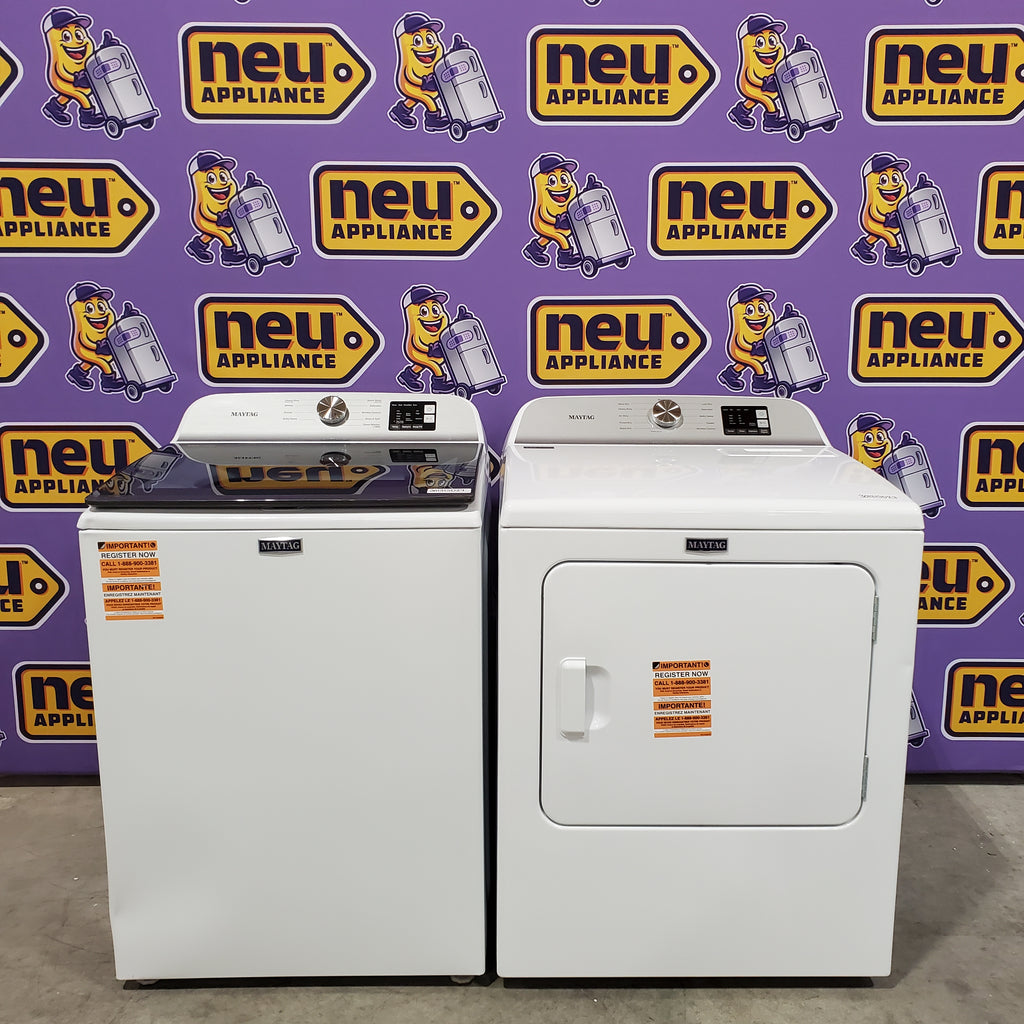 Pictures of Maytag Top Load 4.8 cu ft Washer with Deep Fill and Slow-Close Glass Lid MVW6200KW - Scratch & Dent (Minor) and Maytag 7.0 cu ft Electric Dryer with Moisture Sensing and Quick Dry Cycle 16158 - MED6200KW - Scratch & Dent (Minor) - Neu Appliance Outlet - Discount Appliance Outlet in Austin, Tx