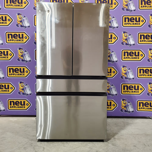 Samsung Bespoke 4-Door French Door Refrigerator RF29BB8600QL doors on a purple background with 'neu appliance' branding.