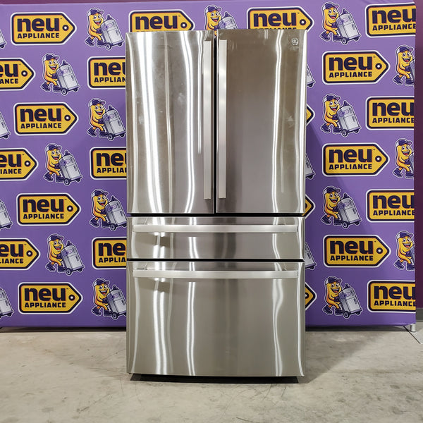 GE Profile Fingerprint Resistant Stainless Steel Counter Depth 4 Door French Door 23.2 Cu. Ft. Refrigerator with LED Light Wall and Dual Dispense Auto Fill Pitcher PJE23BYWBFS - Open Box
