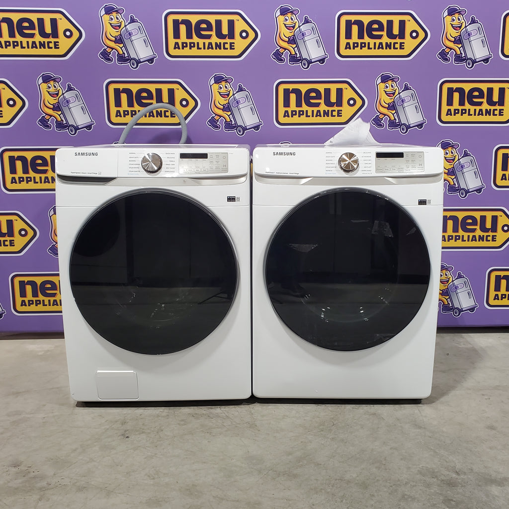 Samsung 4.5 cu. ft. Large Capacity Smart Front Load Washer with Super Speed Wash in White WF45B6300AW - Scratch & Dent (Minor) and Samsung 7.5 cu. ft. Smart Electric Dryer with Steam Sanitize+ in White 16064 - DVE45B6300W - Open Box