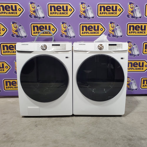 Samsung 4.5 cu. ft. Large Capacity Smart Front Load Washer with Super Speed Wash in White WF45B6300AW - Scratch & Dent (Minor) and Samsung 7.5 cu. ft. Smart Electric Dryer with Steam Sanitize+ in White 16064 - DVE45B6300W - Open Box