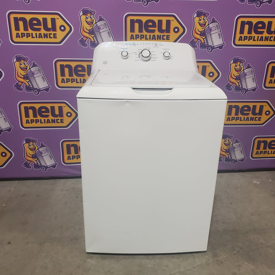 GE White Top Load 4.0 Cu. Ft. Capacity Washer with Stainless Steel Wash Basket GTW325ASWWW - Scratch & Dent (Moderate) and GE 7.2 cu. ft. Capacity Aluminized Alloy Drum Electric Dryer 16292 - GTD33EASKWW - Certified Refurbished