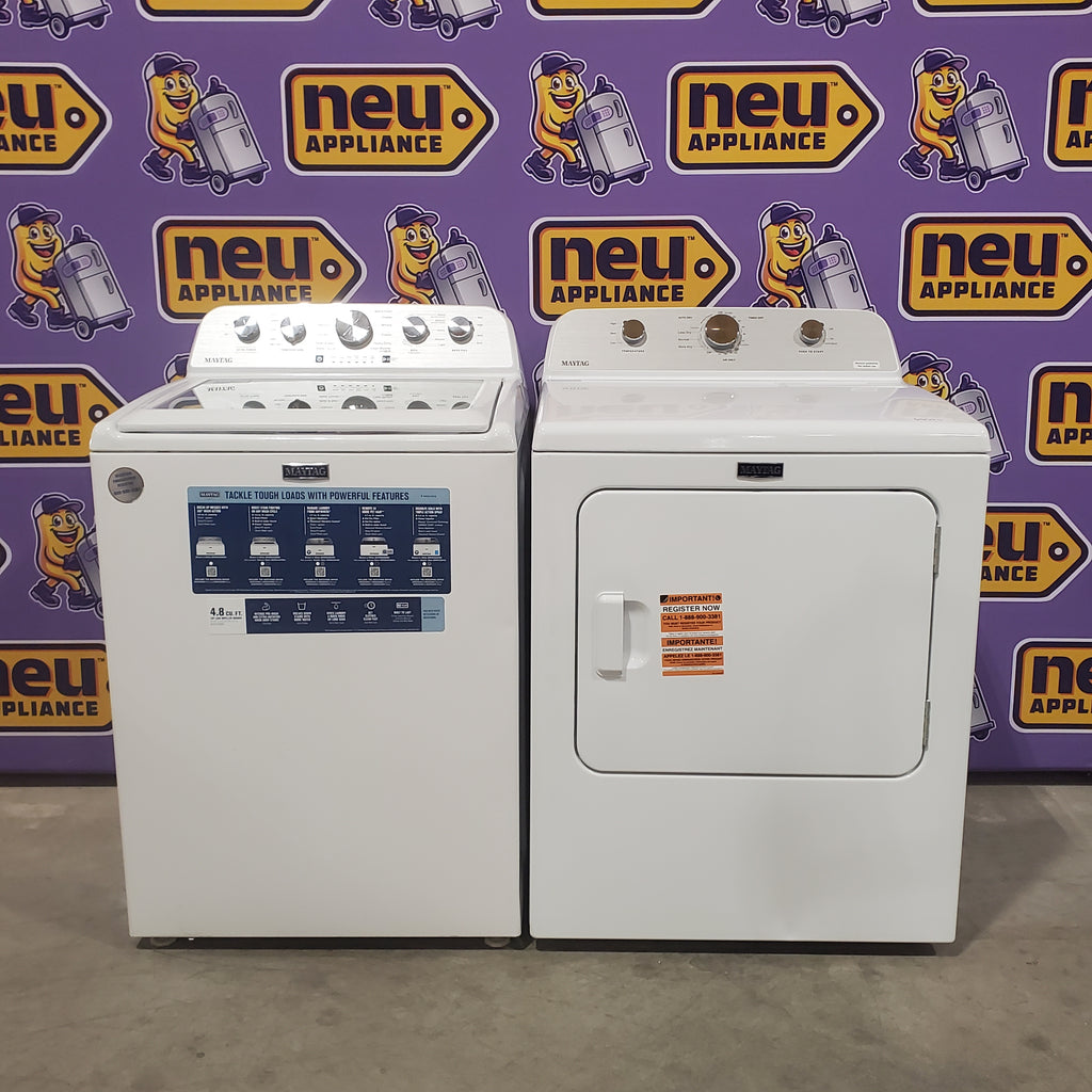 Pictures of MayTag 4.8 cu. ft. Top Load Washer with Extra Power, Built-In Water Faucet MVW5430MW - Scratch & Dent (Minor) and MayTag 7.0 cu. ft. Top Load Electric Wrinkle Prevent Dryer 16132 - MED4500MW - Open Box - Neu Appliance Outlet - Discount Appliance Outlet in Austin, Tx