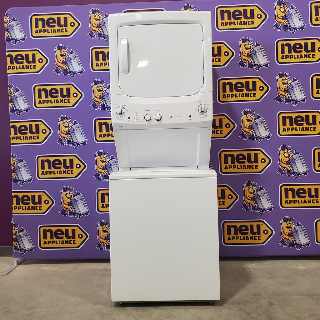 Pictures of GE White unitized Spacemaker 3.8 Cu. Ft. Washer with Stainless Steel Basket and 5.9 Cu. Ft. Dryer GUD27ESSMWW - Certified Refurbished - Neu Appliance Outlet - Discount Appliance Outlet in Austin, Tx