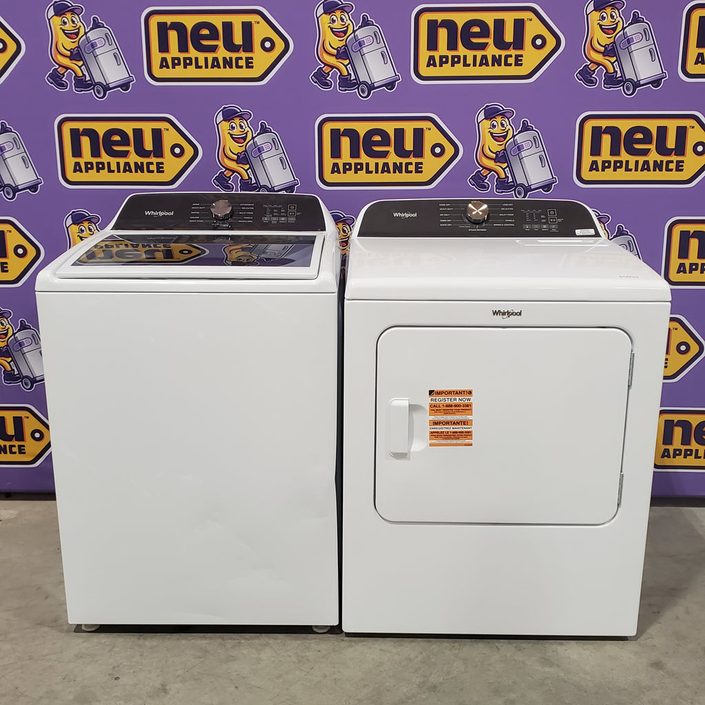 Whirlpool 4.6 Cu. Ft. Top Load Impeller Washer with Built-in Faucet WTW5020SW  - Scratch & Dent (Moderate) and Whirlpool® 7.0 Cu. Ft. Electric Dryer with Moisture Sensor and Steam Refresh Cycle 16144 - WED6150PW - Open Box