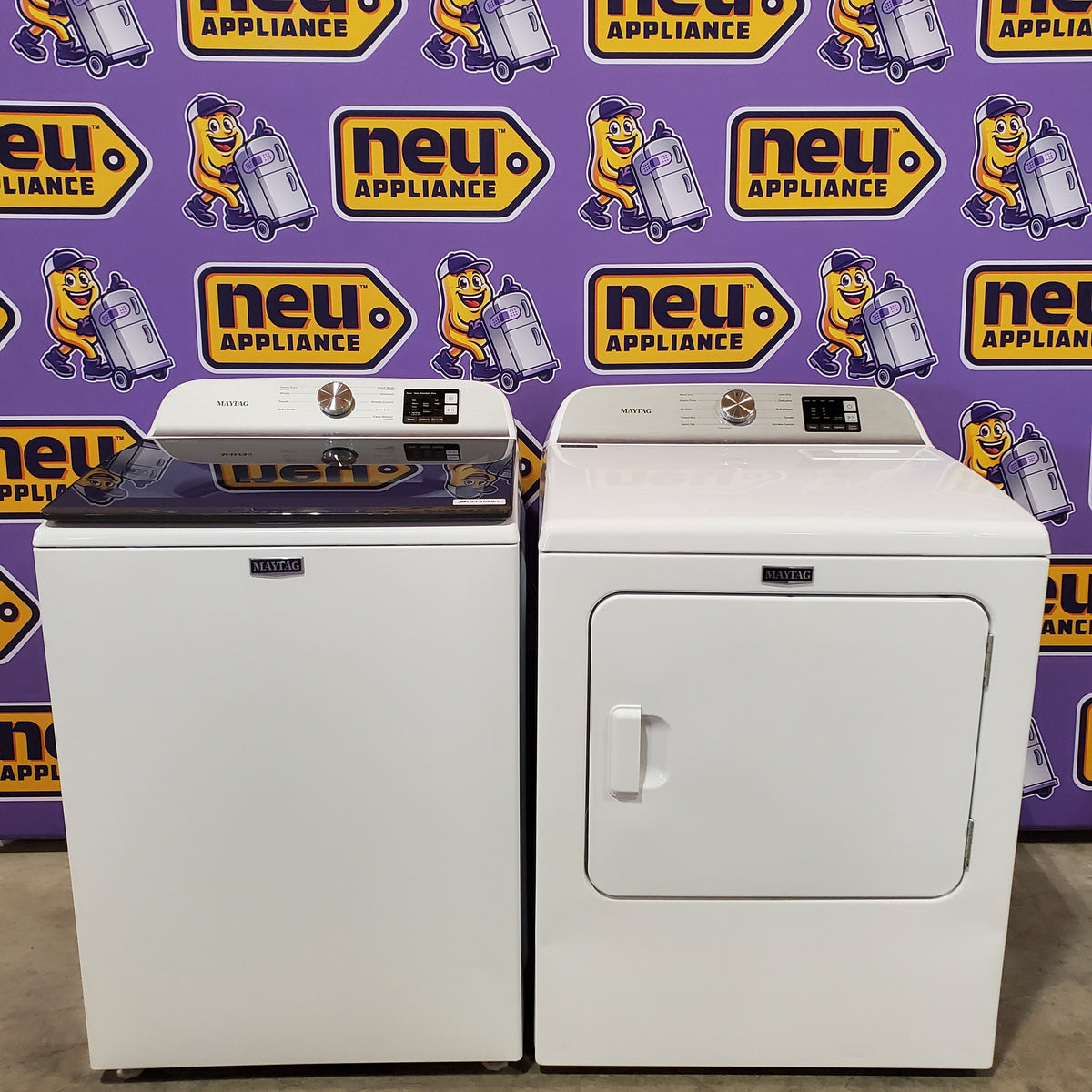Maytag Top Load 4.8 cu ft Washer with Deep Fill and Slow-Close Glass Lid MVW6200KW - Scratch & Dent (Minor) and Maytag 7.0 cu. ft Top Load Gas Dryer with Moisture Sensing 16223 - MGD6200KW - Scratch and Dent (Moderate)