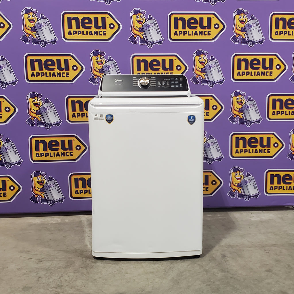 Pictures of Midea 4.5 cu. ft. Smart Top Load Washer with Wave-Impeller in White MLV45N3BWW - Scratch & Dent (Moderate) and Midea 7 cu. ft. Smart Electric Tumble Dryer with Sensor Dry MLTE45N4BWW - Scratch & Dent (Minor) - Neu Appliance Outlet - Discount Appliance Outlet in Austin, Tx