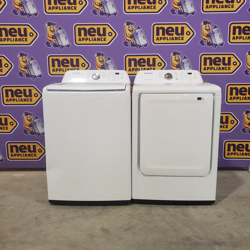 Samsung 4.5 cu. ft. Top Load Washer with Vibration Reduction Technology+ in White WA45T3200AW - Certified Refurbished and Samsung 7.2 cu. ft. Electric Dryer with Sensor Dry in White 16054 - DVE45T3200W - Open Box