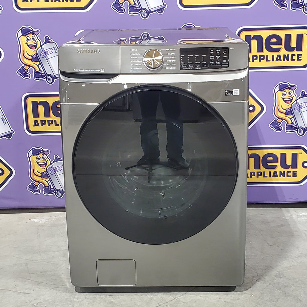 Samsung 4.5 cu. ft. Large Capacity Smart Front Load Washer with Super Speed Wash in Platinum WF45B6300AP - Scratch & Dent (Minor) and Samsung 7.5 cu. ft. Front Load Electric Dryer with Steam 16135 - DVE45B6300P - Scratch & Dent (Minor)