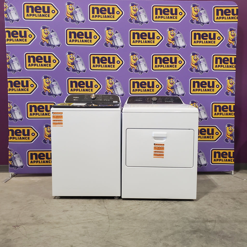 Pictures of 5.2–5.3 Cu. Ft. Whirlpool Top Load Washer in White with Removable Agitator WTW6157PW - Open Box and Whirlpool 7.0 cu. ft. Electric Dryer with Hamper Door WED5010LW - Open Box - Neu Appliance Outlet - Discount Appliance Outlet in Austin, Tx