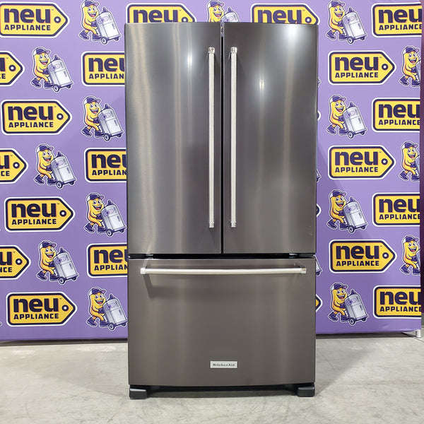 KitchenAid Black Stainless 36 in. 20 cu. ft. Counter Depth French Door Refrigerator with Wood-Look Nesting Shelf and Full Width Pantry Drawer KRFC136RBS - Scratch & Dent (Minor)