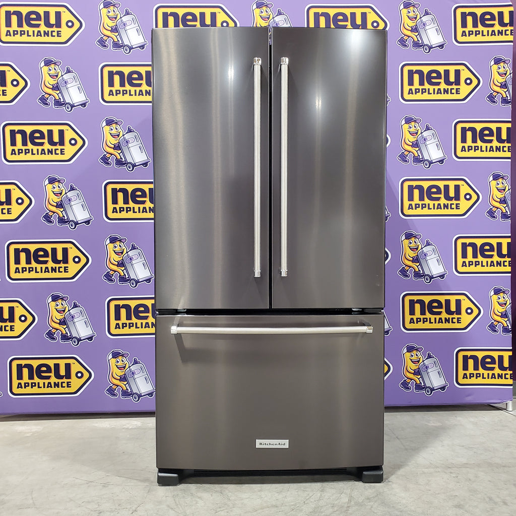 Pictures of KitchenAid Black Stainless 36 in. 20 cu. ft. Counter Depth French Door Refrigerator with Wood-Look Nesting Shelf and Full Width Pantry Drawer KRFC136RBS - Scratch & Dent (Minor) - Neu Appliance Outlet - Discount Appliance Outlet in Austin, Tx