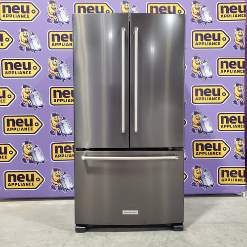 Pictures of KitchenAid Black Stainless 36 in. 20 cu. ft. Counter Depth French Door Refrigerator with Wood-Look Nesting Shelf and Full Width Pantry Drawer KRFC136RBS - Scratch & Dent (Minor) - Neu Appliance Outlet - Discount Appliance Outlet in Austin, Tx