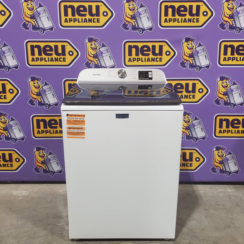 Pictures of Maytag Top Load 4.8 cu ft Washer with Deep Fill and Slow-Close Glass Lid MVW6200KW - Scratch & Dent (Moderate) and Maytag 7.0 cu ft Electric Dryer with Moisture Sensing and Quick Dry Cycle T8713 - MED6200KW - Scratch & Dent (Minor) - Neu Appliance Outlet - Discount Appliance Outlet in Austin, Tx
