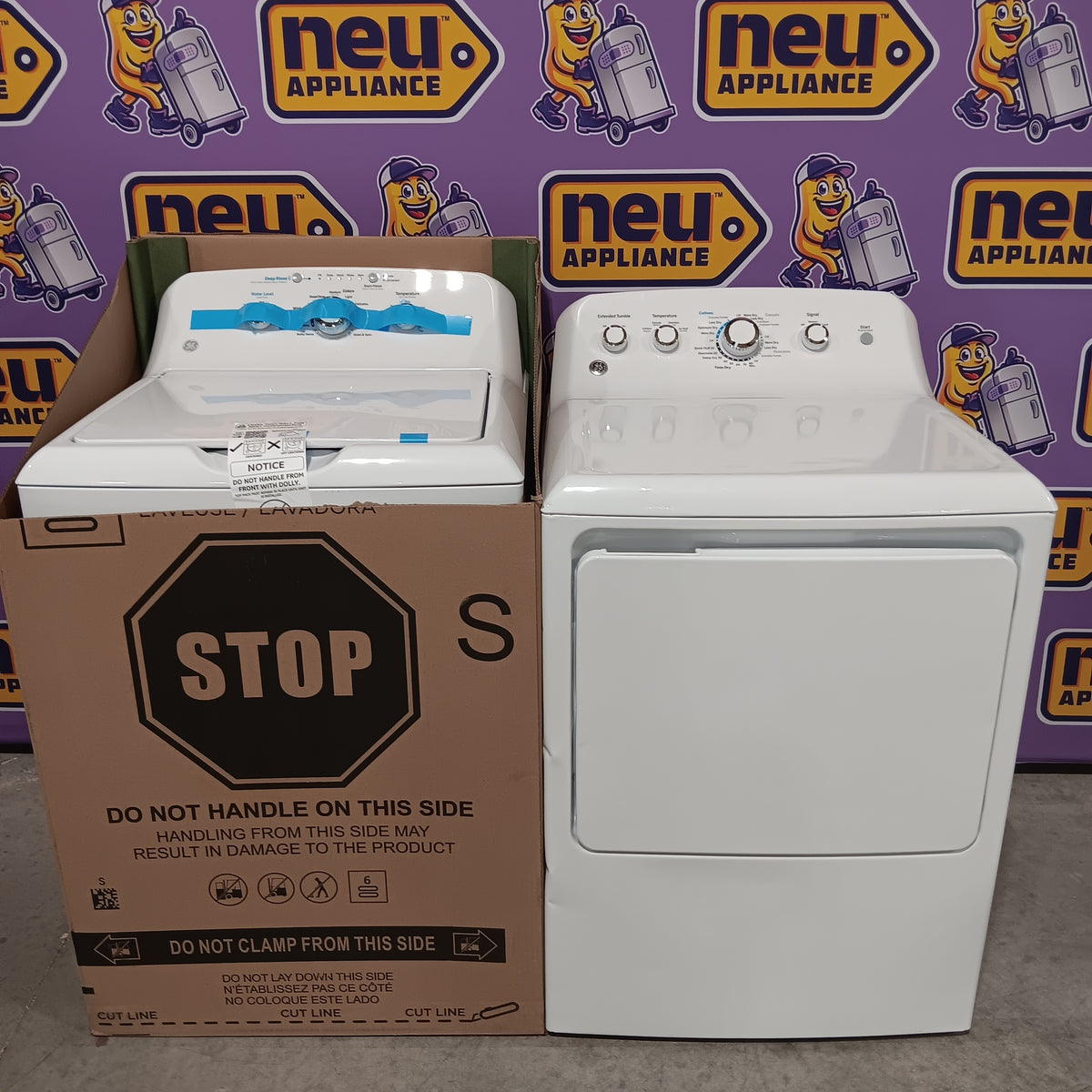 GE White Top Load 4.0 Cu. Ft. Capacity Washer with Stainless Steel Wash Basket GTW325ASWWW - New in Box and GE White Electric 6.2 Cu. Ft. Capacity Dryer with Shallow Depth and Up to 120 Ft. Venting Capability 16279 - GTX33EASKWW - Certified Refurbished