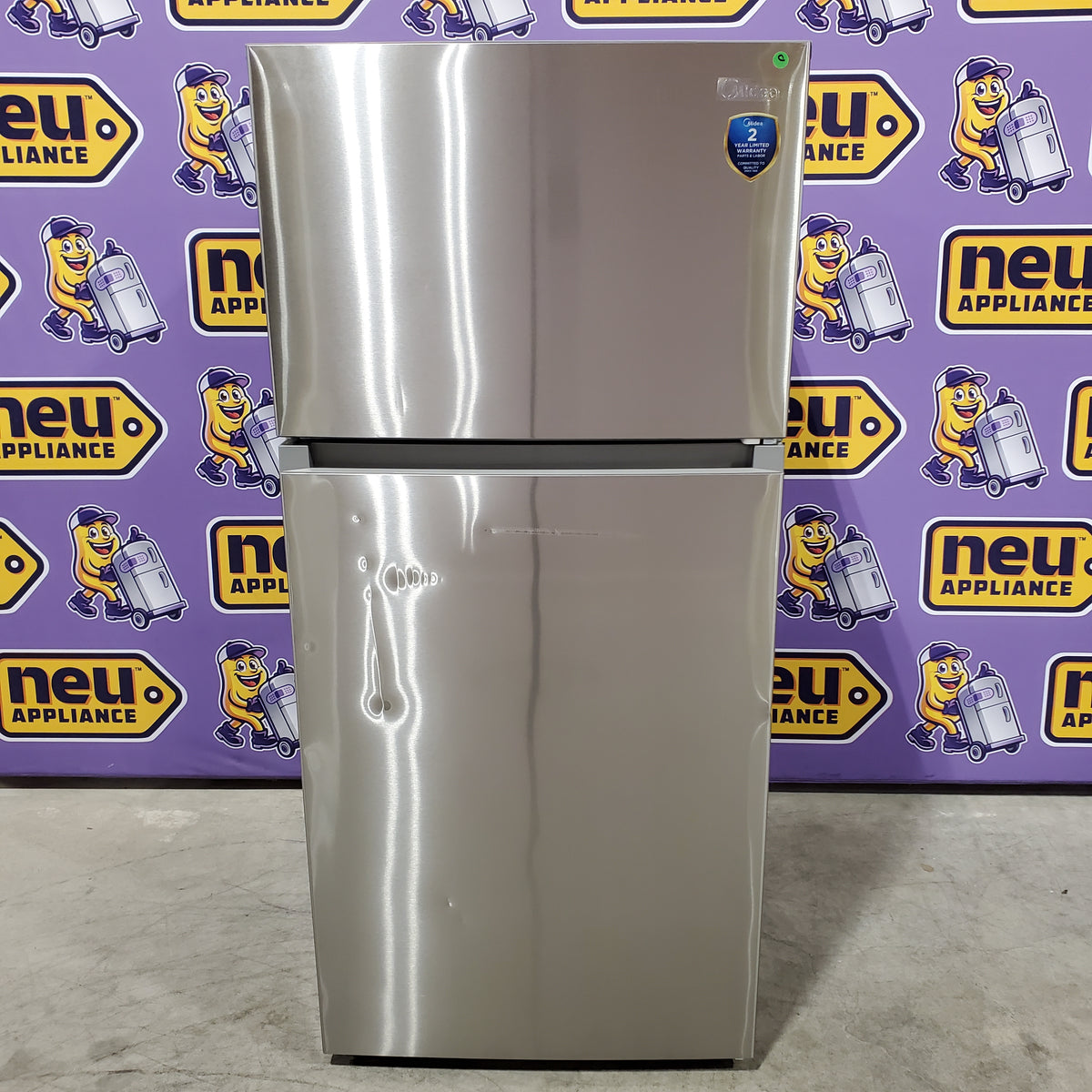 Midea 14 cu. ft. Garage Ready Top-Freezer Refrigerator in Stainless Steel 22231SD318 - MRT14D2BST - Scratch & Dent (Major)