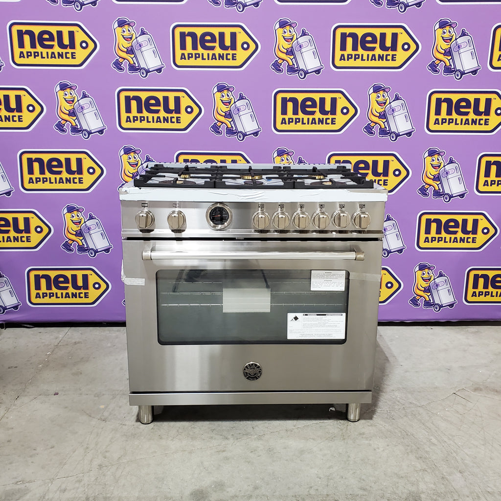 Pictures of Bertazzoni 36 inch Dual Fuel Range, 6 Brass Burners and Cast Iron Griddle, Electric Self-Clean Oven 11131SD63 - MAST366DFSXT - Open Box - Neu Appliance Outlet - Discount Appliance Outlet in Austin, Tx