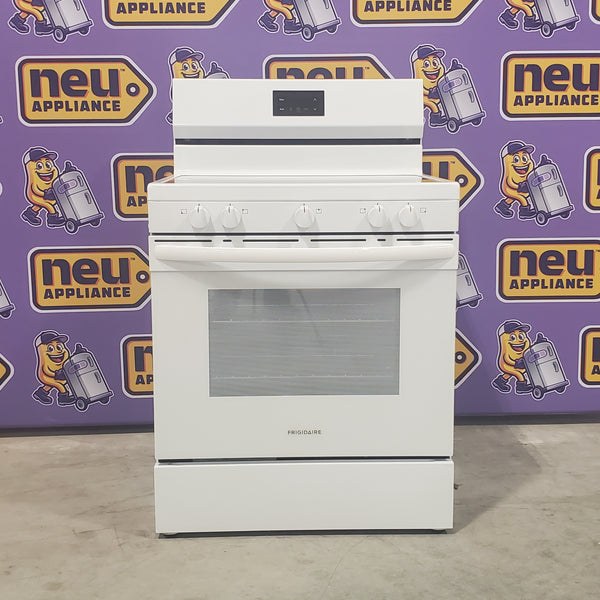 Frigidaire White Electric 30 In 5 Burner 5.3 Cu. Ft. Range with Manual Clean and Even Baking Technology FCRE3052AW - Scratch & Dent - (Minor)