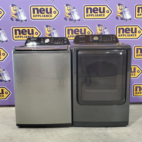 Samsung 4.5 cu. ft. Capacity Top Load Washer with Active WaterJet in Platinum WA45T3400AP - Certified Refurbished and Samsung 7.4 cu. ft. Smart Electric Dryer with Sensor Dry 16042 - DVE47CG3500V - Scratch & Dent (Minor)