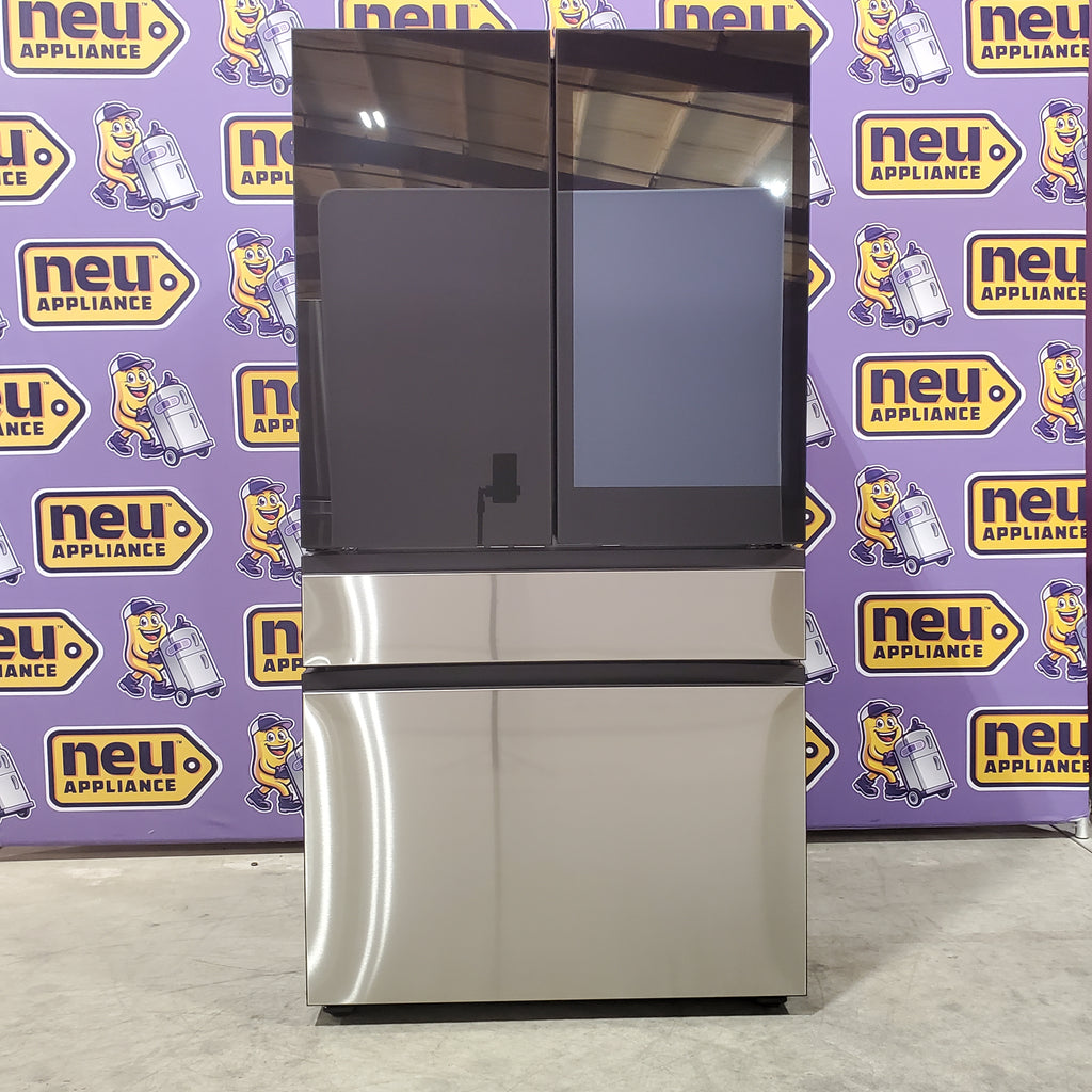 Samsung Bespoke RF90F29AECRAA 4-Door French Door Refrigerator with a branded purple background