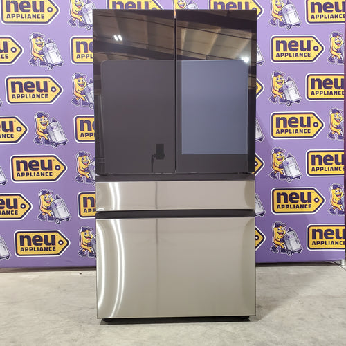 Samsung Bespoke RF90F29AECRAA 4-Door French Door Refrigerator with a branded purple background