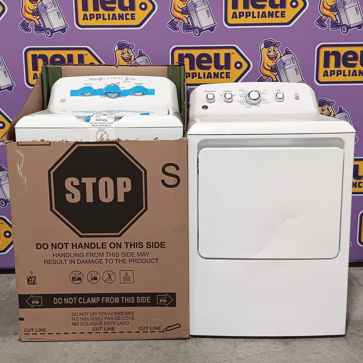 GE White Top Load 4.0 Cu. Ft. Capacity Washer with Stainless Steel Wash Basket GTW325ASWWW - New in Box and GE White Electric 7.2 Cu. Ft. Dryer with Aluminized Alloy Drum 16239 - GTD42EASJWW - Certified Refurbished