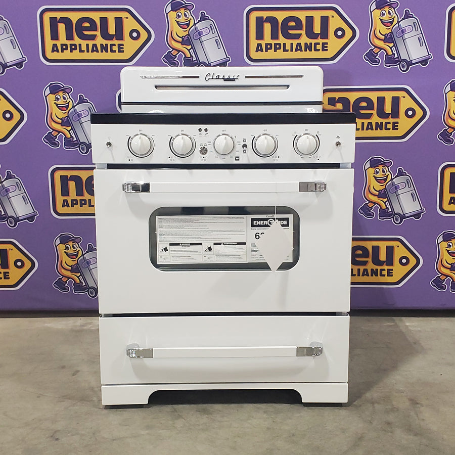 Unique Classic Retro 30-in Glass Top 5 Burners 3.9-cu ft Convection Oven Freestanding Electric Range with WipeClean Coating 3SD872 - UGP-30CR EC W - Open Box