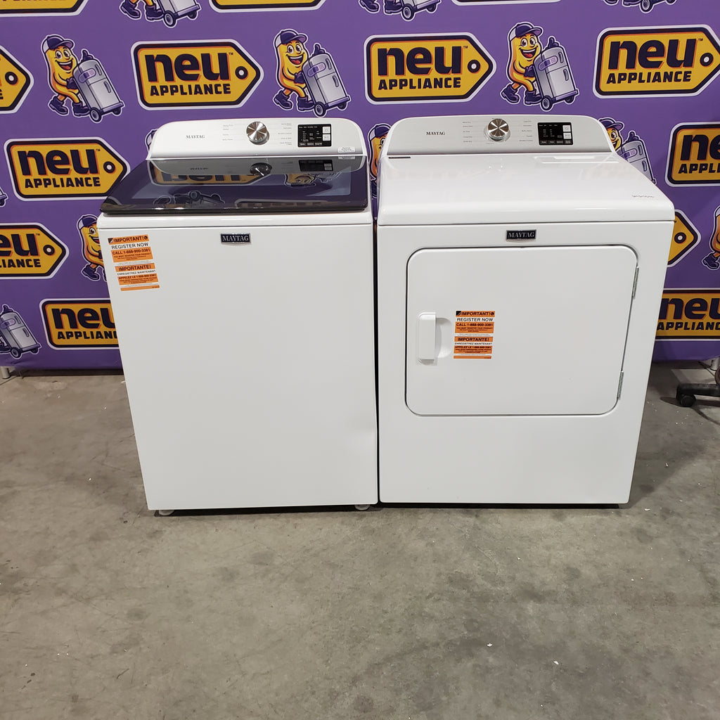 Pictures of Maytag Top Load 4.8 cu ft Washer with Deep Fill and Slow-Close Glass Lid MVW6200KW - Scratch & Dent (Minor) and Maytag 7.0 cu ft Electric Dryer with Moisture Sensing and Quick Dry Cycle 16157 - MED6200KW - Scratch & Dent (Minor) - Neu Appliance Outlet - Discount Appliance Outlet in Austin, Tx