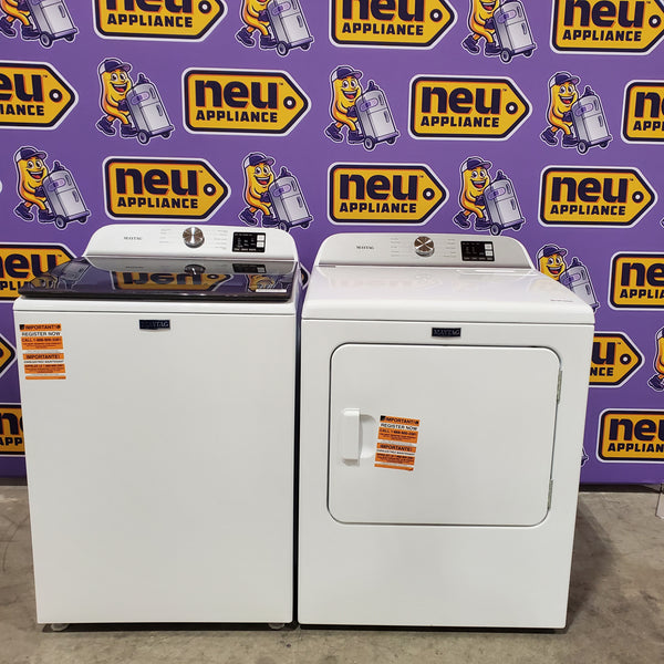 Maytag Top Load 4.8 cu ft Washer with Deep Fill and Slow-Close Glass Lid MVW6200KW - Scratch & Dent (Minor) and Maytag 7.0 cu ft Electric Dryer with Moisture Sensing and Quick Dry Cycle 16165 - MED6200KW - Scratch & Dent (Minor)