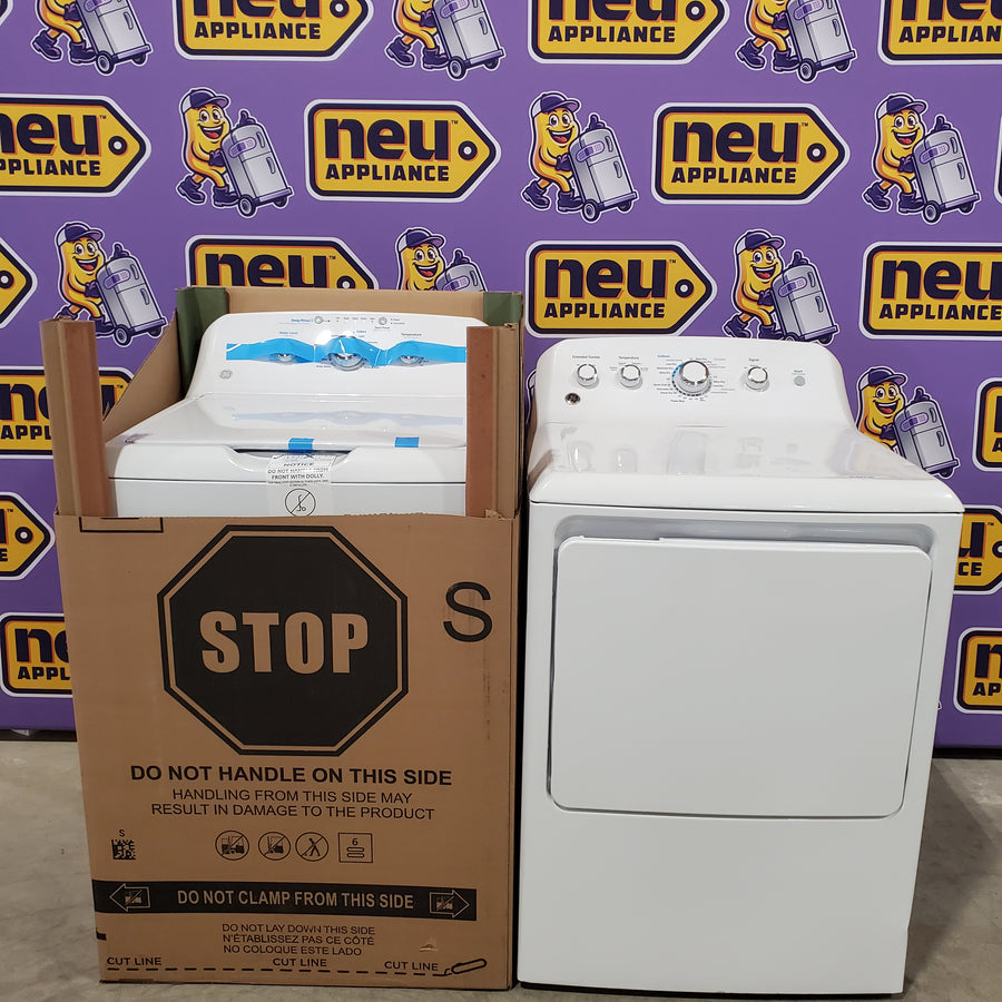 GE White Top Load 4.0 Cu. Ft. Capacity Washer with Stainless Steel Wash Basket GTW325ASWWW - New in Box and GE 7.2 cu. ft. Capacity Aluminized Alloy Drum Gas Dryer in White 16208 - GTD42GASJWW - Certified Refurbished