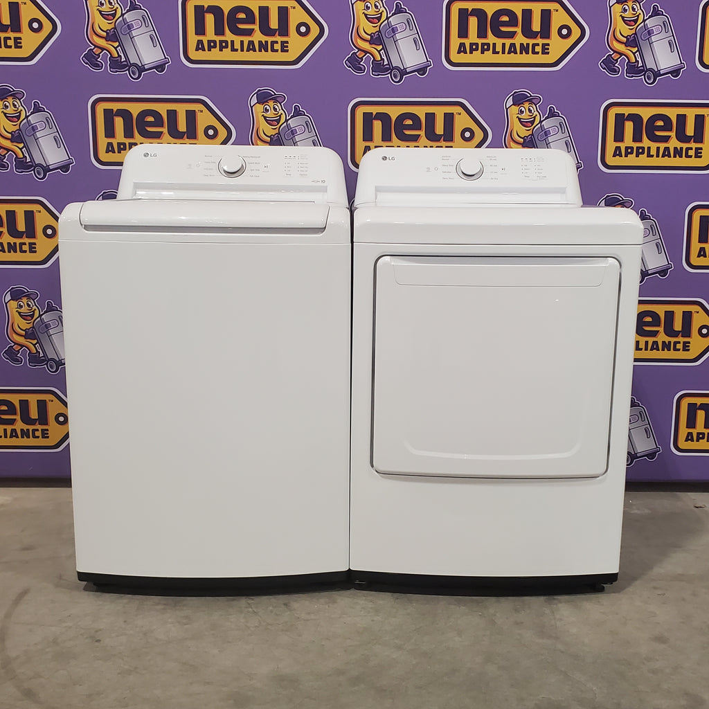 LG 4.3 cu. ft. Capacity Top Load Washer with TurboDrum™ Technology and Impeller WT6100CW - Open Box and LG 7.3 Cu. Ft.  Electric Rear Control Ultra Large Capacity Dryer in White with Sensor Dry 16058 - DLE6100W - Open Box