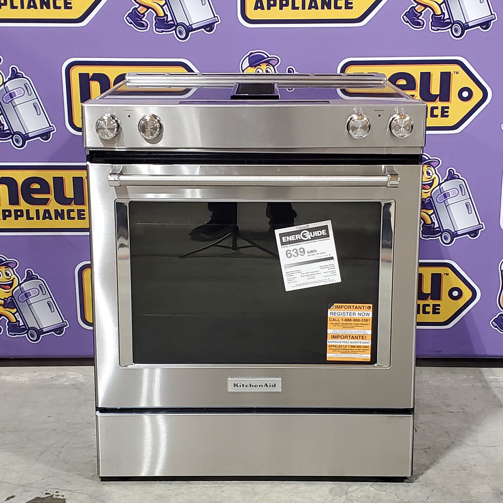 Pictures of KitchenAid 30-Inch 4-Element Electric Downdraft Slide-In Range in Stainless Steel 24SD035 - KSEG950ESS - Open Box - Neu Appliance Outlet - Discount Appliance Outlet in Austin, Tx