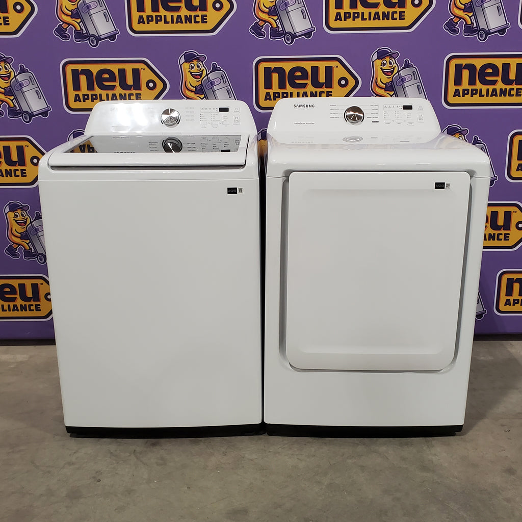 Pictures of Samsung 4.5 cu. ft. Top Load Washer with Vibration Reduction Technology+ in White WA45T3200AW - Open Box and Samsung 7.2 cu. ft. Electric Dryer with Sensor Dry in White 16125 - DVE45T3200W - Open Box - Neu Appliance Outlet - Discount Appliance Outlet in Austin, Tx