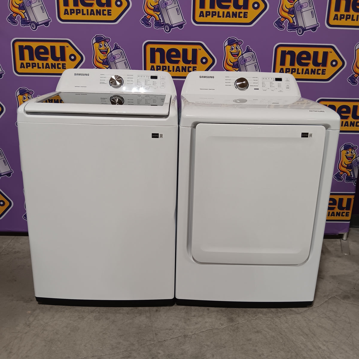Samsung 4.5 cu. ft. Top Load Washer with Vibration Reduction Technology+ in White WA45T3200AW - Scratch & Dent (Minor) and Samsung 7.2 cu. ft. Electric Dryer with Sensor Dry in White 16251 - DVE45T3200W - Open Box