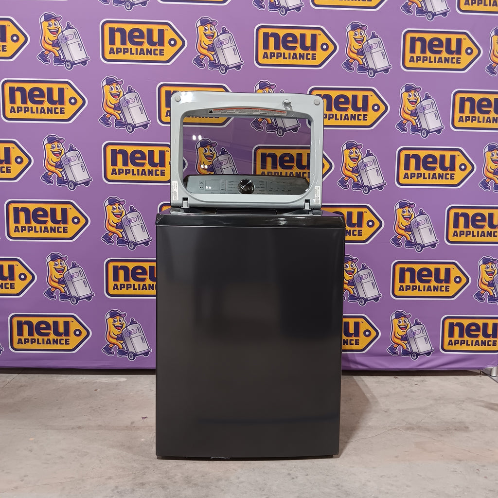 GE PTW605BPRDG Black appliance on a purple surface with 'neu appliance' branding.