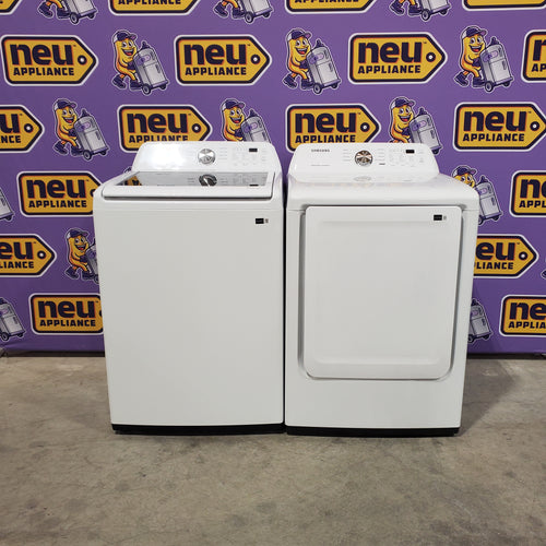 Pictures of Samsung 4.5 cu. ft. Top Load Washer with Vibration Reduction Technology+ in White WA45T3200AW - Open Box and Samsung 7.2 cu. ft. Electric Dryer with Sensor Dry in White 16120 - DVE45T3200W - Open Box - Neu Appliance Outlet - Discount Appliance Outlet in Austin, Tx