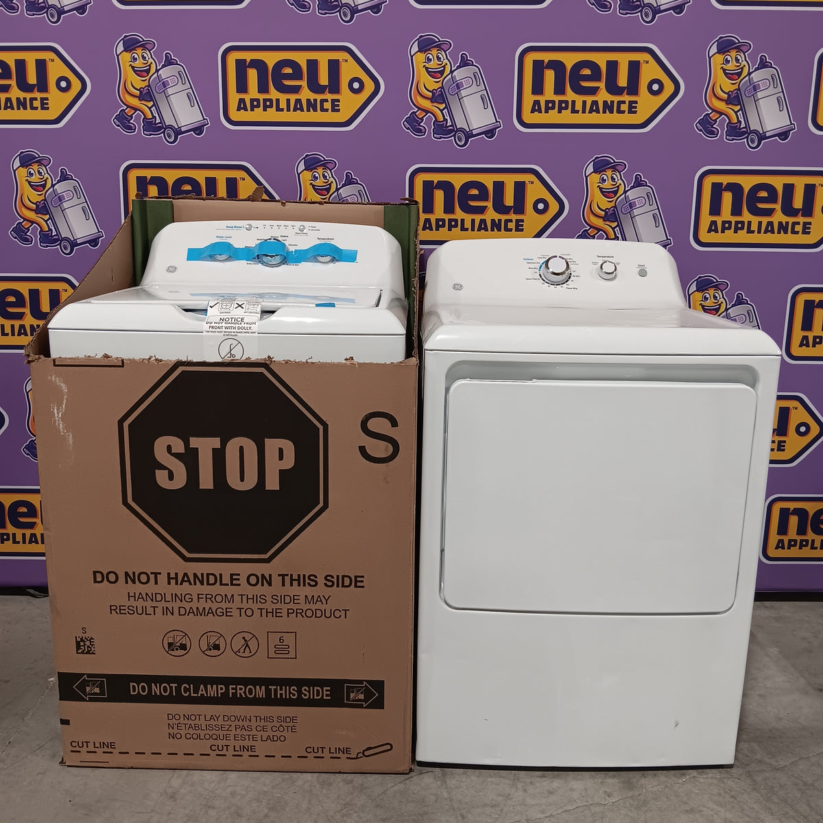 GE White Top Load 4.0 Cu. Ft. Capacity Washer with Stainless Steel Wash Basket GTW325ASWWW - New in Box and GE® 7.2 cu. ft. Capacity Aluminized Alloy Drum Electric Dryer 16236 - GTD33EASKWW - Certified Refurbished