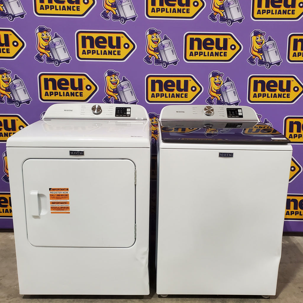 Pictures of Maytag Top Load 4.8 cu ft Washer with Deep Fill and Slow-Close Glass Lid MVW6200KW - Scratch & Dent (Major) and Maytag 7.0 cu ft Electric Dryer with Moisture Sensing and Quick Dry Cycle 16174 - MED6200KW - Scratch & Dent (Major) - Neu Appliance Outlet - Discount Appliance Outlet in Austin, Tx