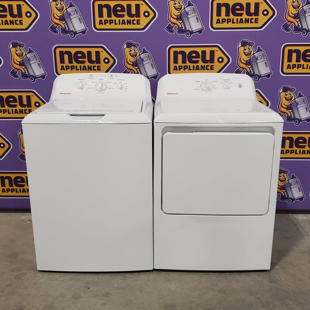 Pictures of Hotpoint® 4.0 cu. ft. Capacity Washer with Cold Plus and Water Level Control HTW265ASWWW - Scratch & Dent (Minor) and Hotpoint® 6.2 cu. ft. vented Electric Dryer with Auto Dry 16138 - HTX26EASWWW - Scratch & Dent (Moderate) - Neu Appliance Outlet - Discount Appliance Outlet in Austin, Tx