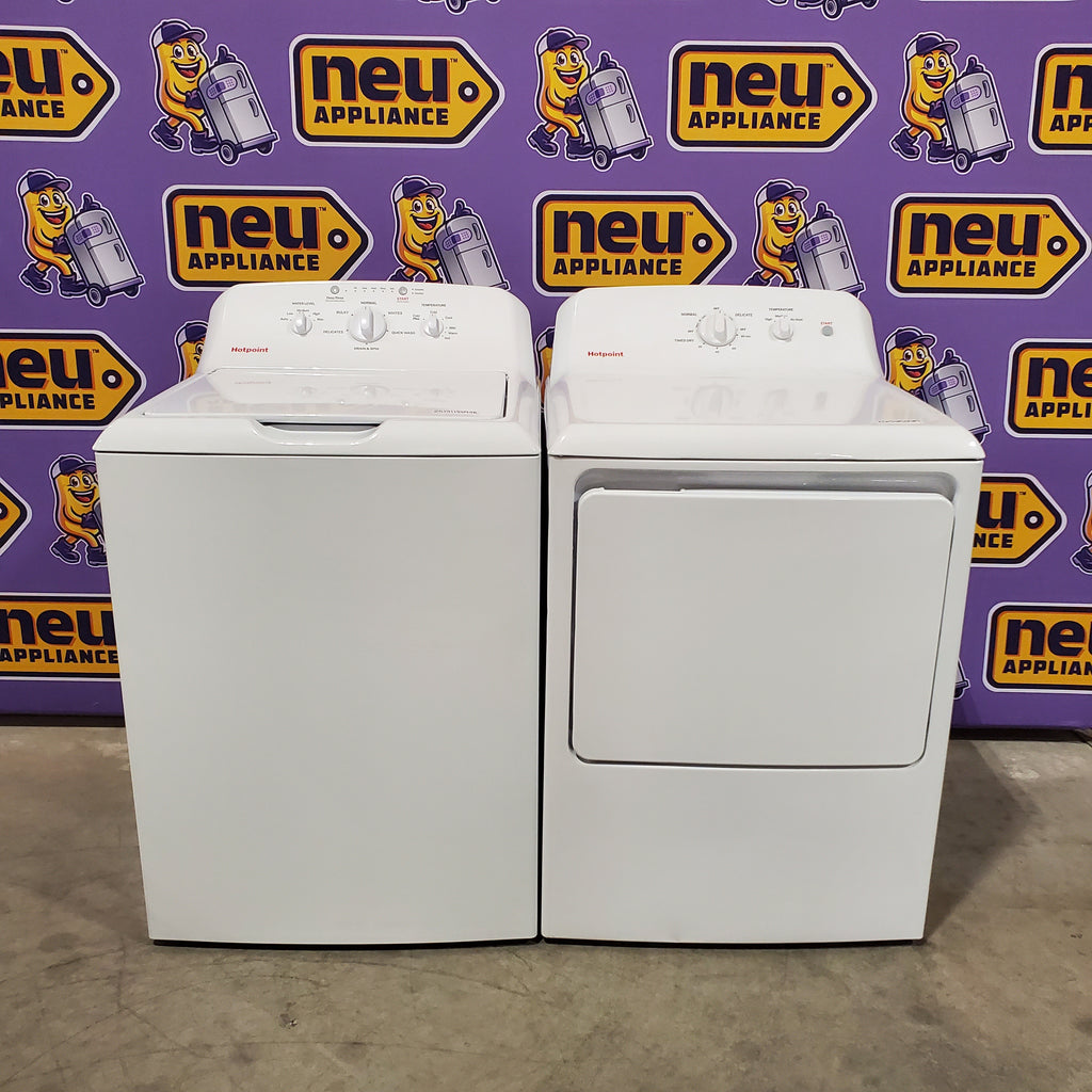 Hotpoint® 4.0 cu. ft. Capacity Washer with Cold Plus and Water Level Control HTW265ASWWW - Open Box and Hotpoint 6.2 cu. ft. Capacity Electric Dryer with Up To 120 ft. Venting and Shallow Depth 16183 - HTX26EASWWW - Scratch & Dent (Moderate)