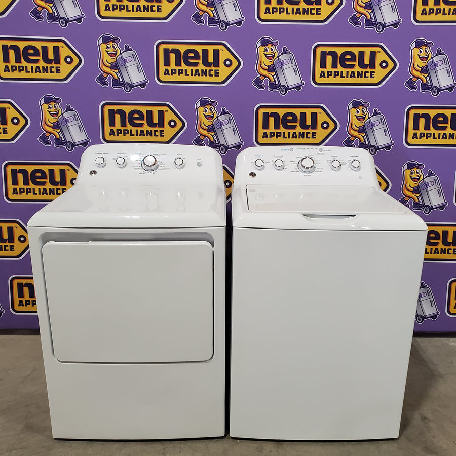 GE 4.5 cu. ft. Capacity Washer with Stainless Steel Basket in White GTW465ASNWW - Certified Refurbished and GE White Electric 7.2 Cu. Ft. Dryer with Aluminized Alloy Drum 16260 - GTD45EASJWS - Certified Refurbished