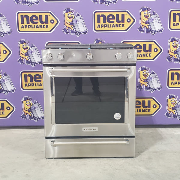 KitchenAid Stainless Steel 30 In. 5 Burner Slide In Convection Gas Range with Steam Rack and Even Heat True Convection KSGG700ESS - Scratch and Dent (Minor)