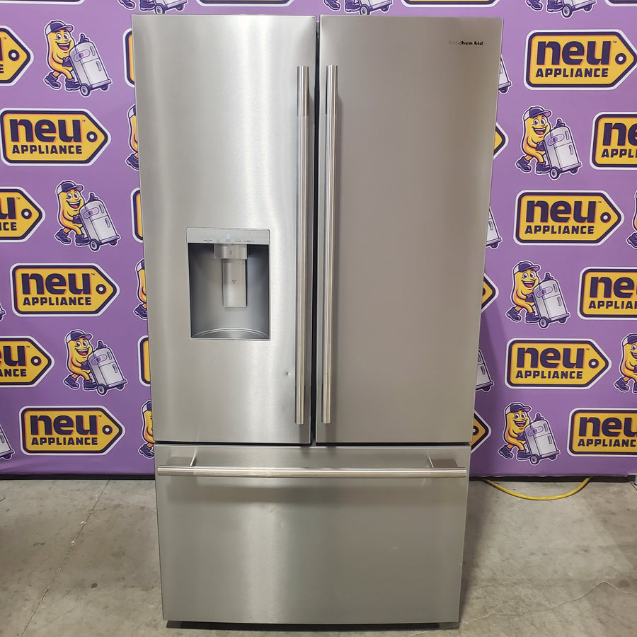 KitchenAid 36 in. 30 cu. ft. Standard Depth French Door Refrigerator in PrintShield Stainless with Exterior Water and Ice KRFF436SPS - Scratch & Dent (Minor)