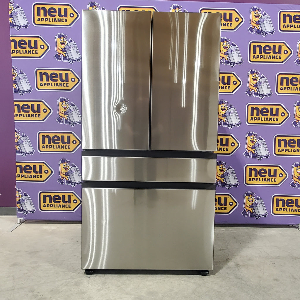 Stainless steel Samsung Bespoke 4-Door French Door RF29BB8600QL Refrigerator on a purple background with 'neu appliance' branding.