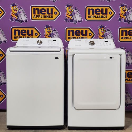Pictures of Samsung 4.4 cu. ft. Top Load Washer with ActiveWave™ Agitator and Soft-Close Lid in White WA44A3205AW Open Box and Samsung 7.2 cu. ft. Gas Dryer with Sensor Dry in White DVG45T3200W - Scratch & Dent (Minor) - Neu Appliance Outlet - Discount Appliance Outlet in Austin, Tx