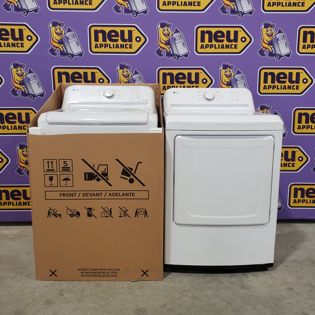 LG 4.3 cu. ft. Capacity Top Load Washer with TurboDrum™ Technology and Impeller WT6100CW - New in Box and LG 7.3 Cu. Ft.  Electric Rear Control Ultra Large Capacity Dryer in White with Sensor Dry 16083 - DLE6100W - Certified Refurbished
