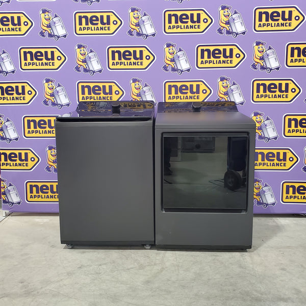 LG 5.3 cu. ft. Smart Top Load Washer with 4-Way® Agitator, TurboWash3D Technology, and AI Sensing EasyUnload™ WT8405CB - Open Box and LG 7.3 cu. ft. Rear Control Electric Dryer with LG EasyLoad™ Door and AI Sensing DLE8400BE - Open Box